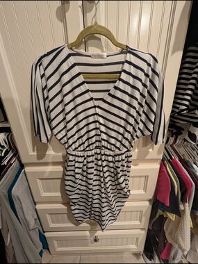a'gaci Navy & White Striped Top with Olive Accent